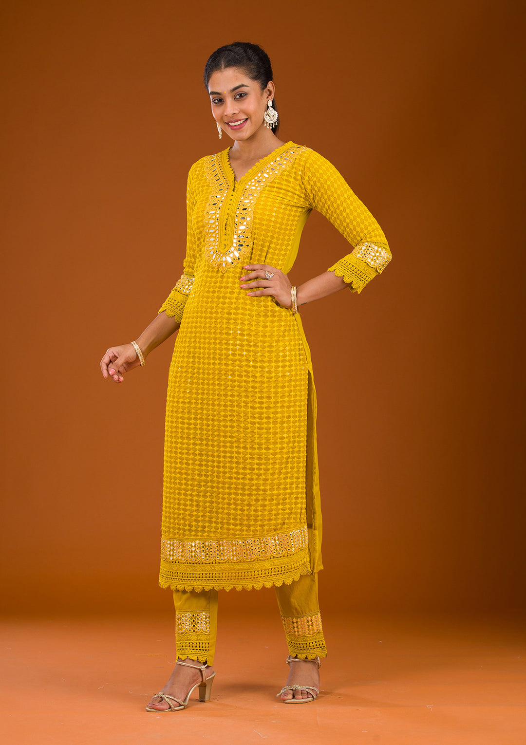 Mustard Threadwork Georgette Readymade Salwar Suit
