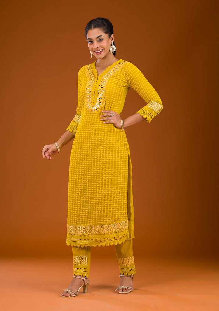 Mustard Threadwork Georgette Readymade Salwar Suit