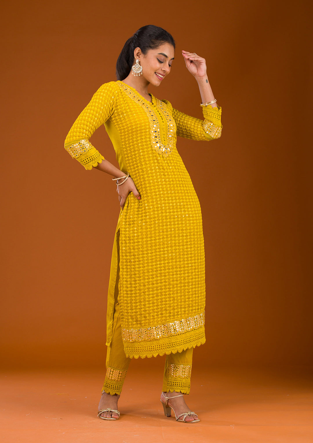 Mustard Threadwork Georgette Readymade Salwar Suit