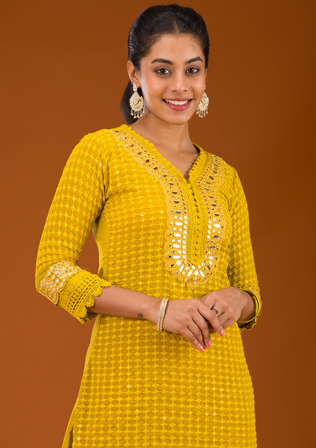 Mustard Threadwork Georgette Readymade Salwar Suit