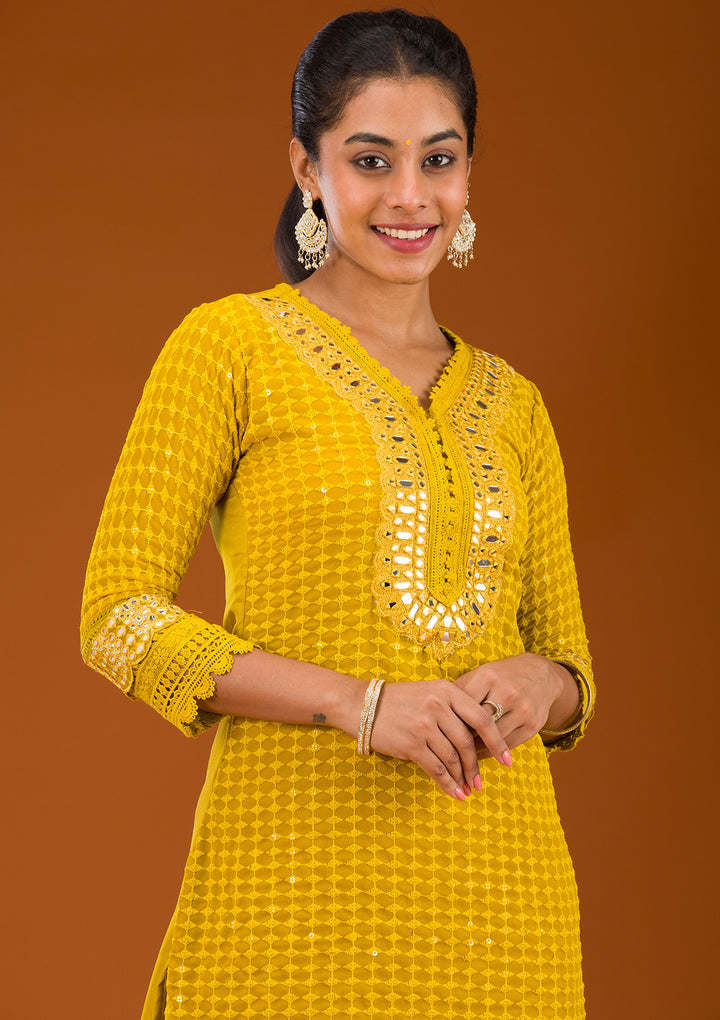 Mustard Threadwork Georgette Readymade Salwar Suit