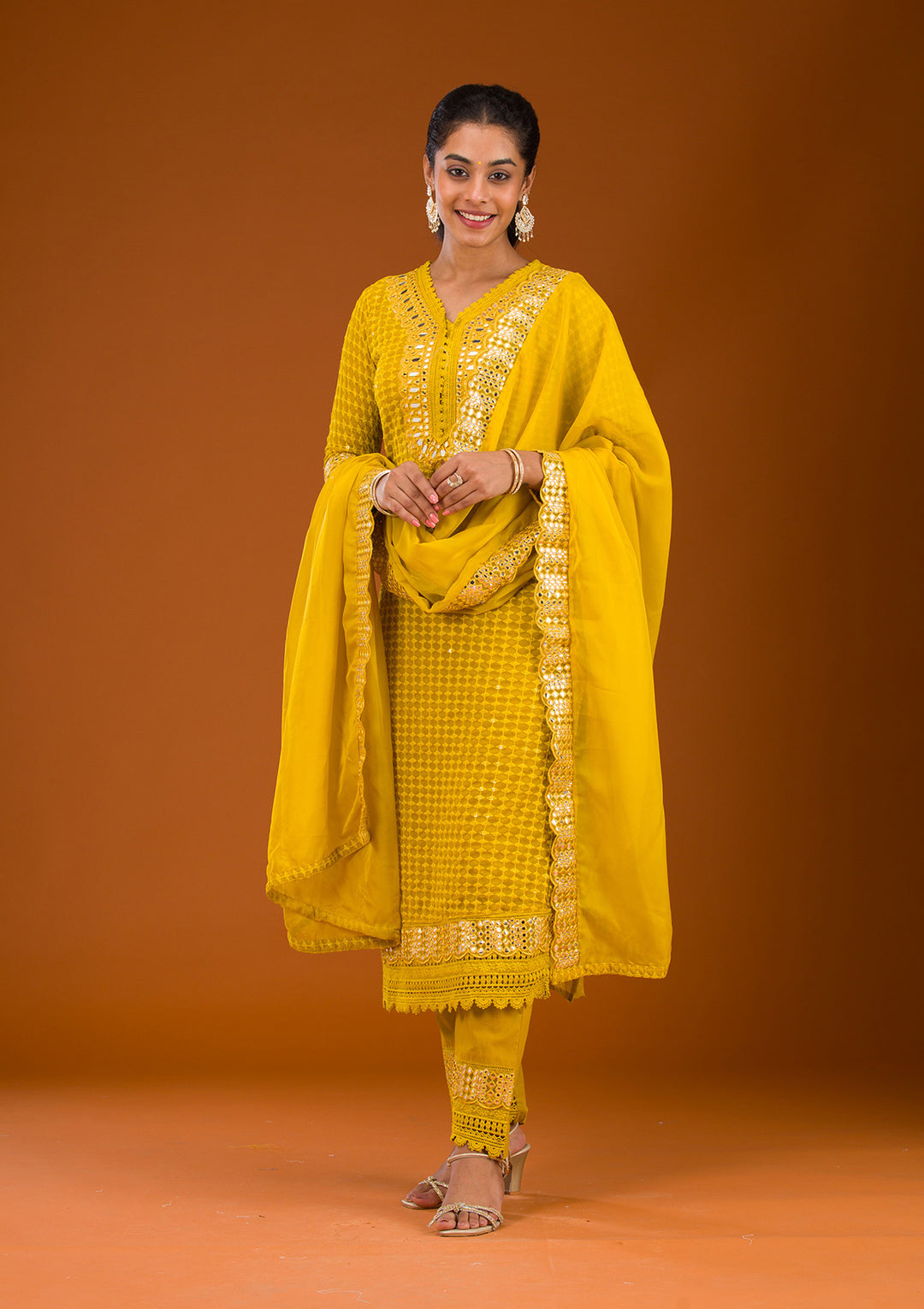 Mustard Threadwork Georgette Readymade Salwar Suit