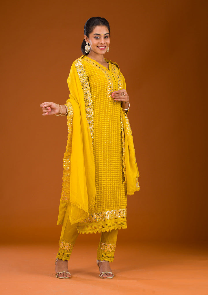 Mustard Threadwork Georgette Readymade Salwar Suit