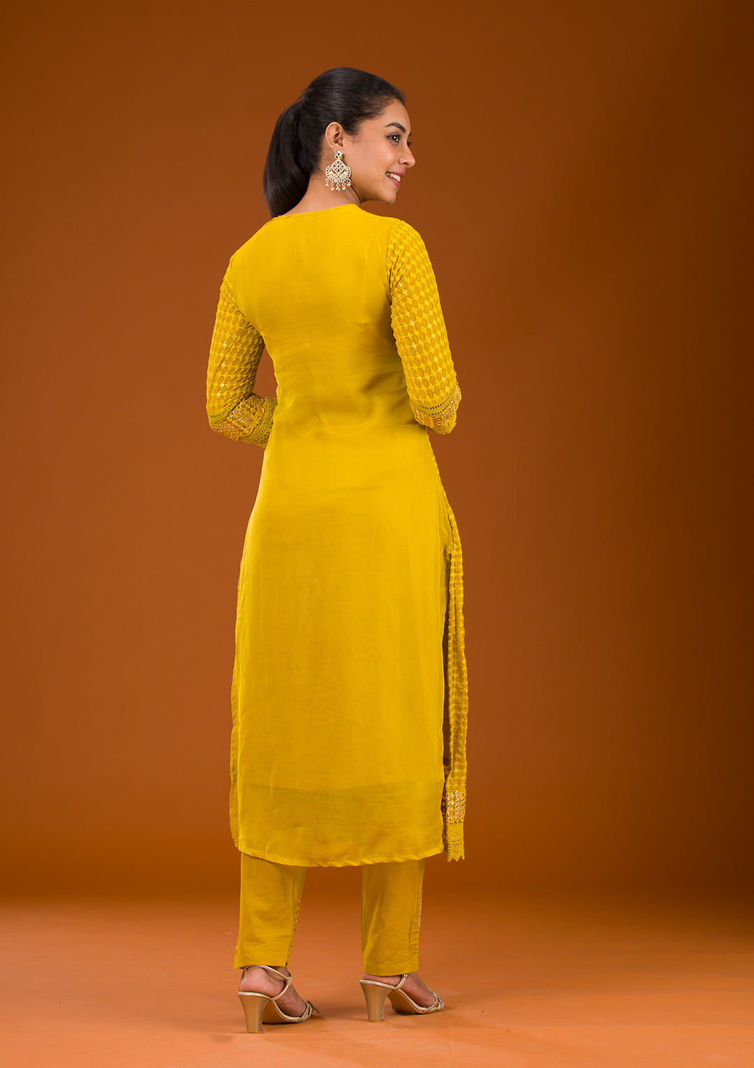 Mustard Threadwork Georgette Readymade Salwar Suit