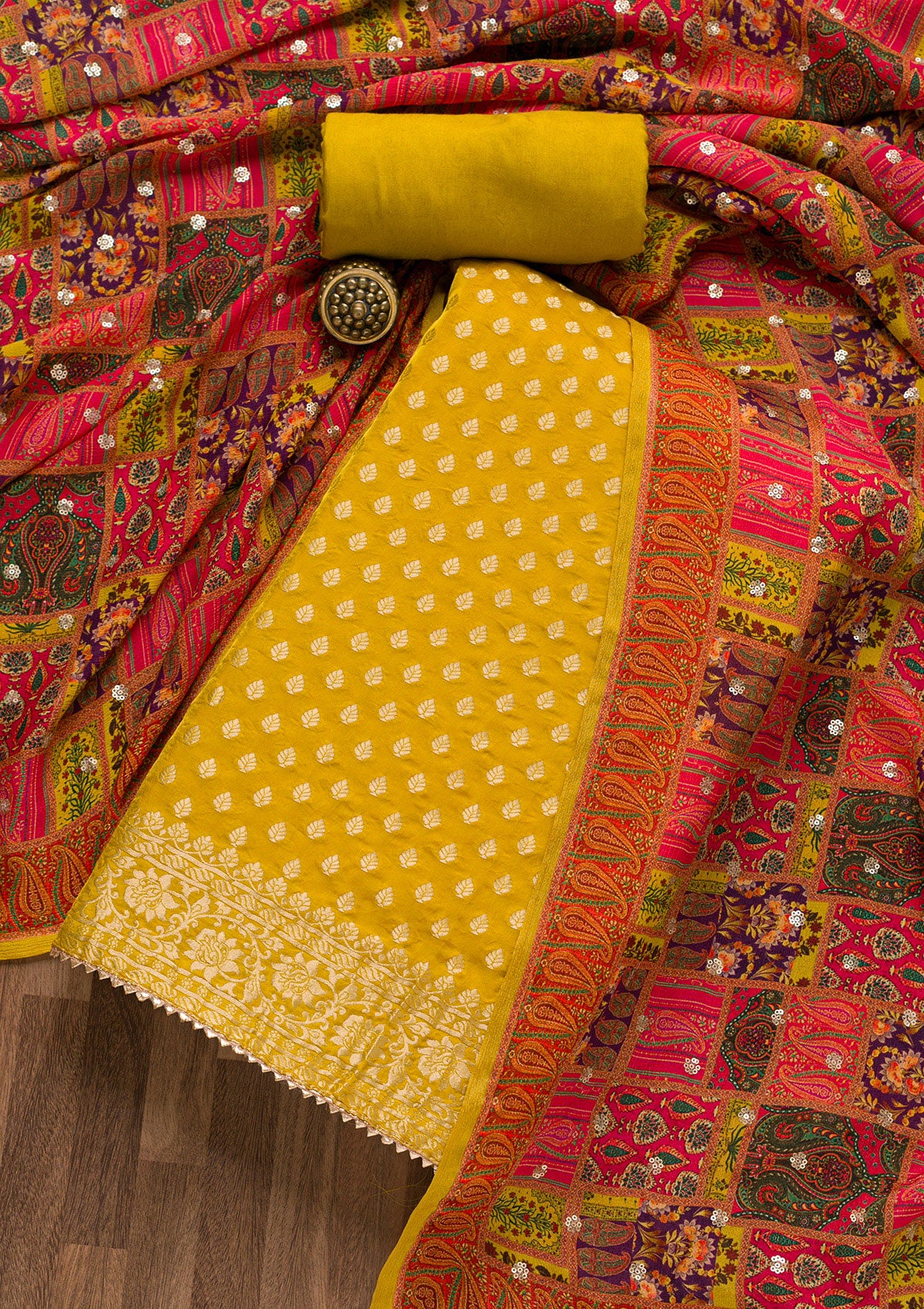 Mustard Zariwork Banarasi Unstitched Salwar Suit