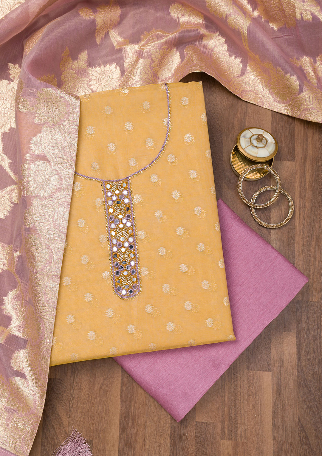 Mustard Zariwork Banarasi Unstitched Salwar Suit