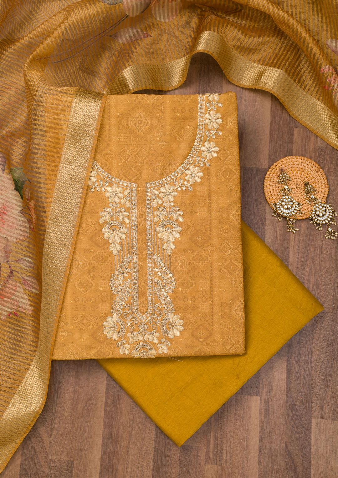 Mustard Zariwork Cotton Unstitched Salwar Suit