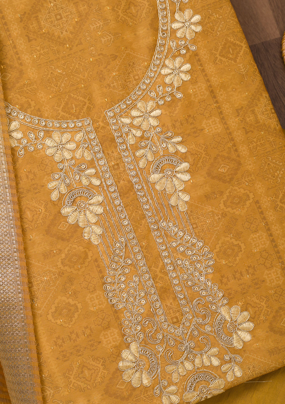 Mustard Zariwork Cotton Unstitched Salwar Suit