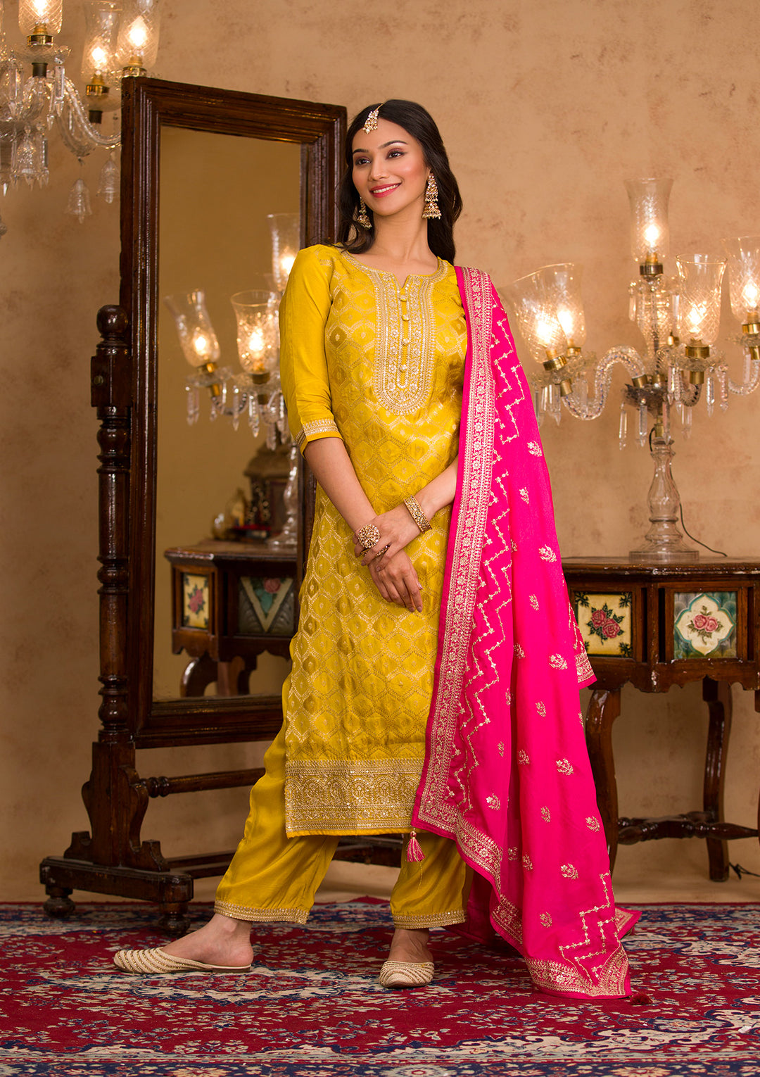 Mustard Zariwork Crepe Readymade Salwar Suit