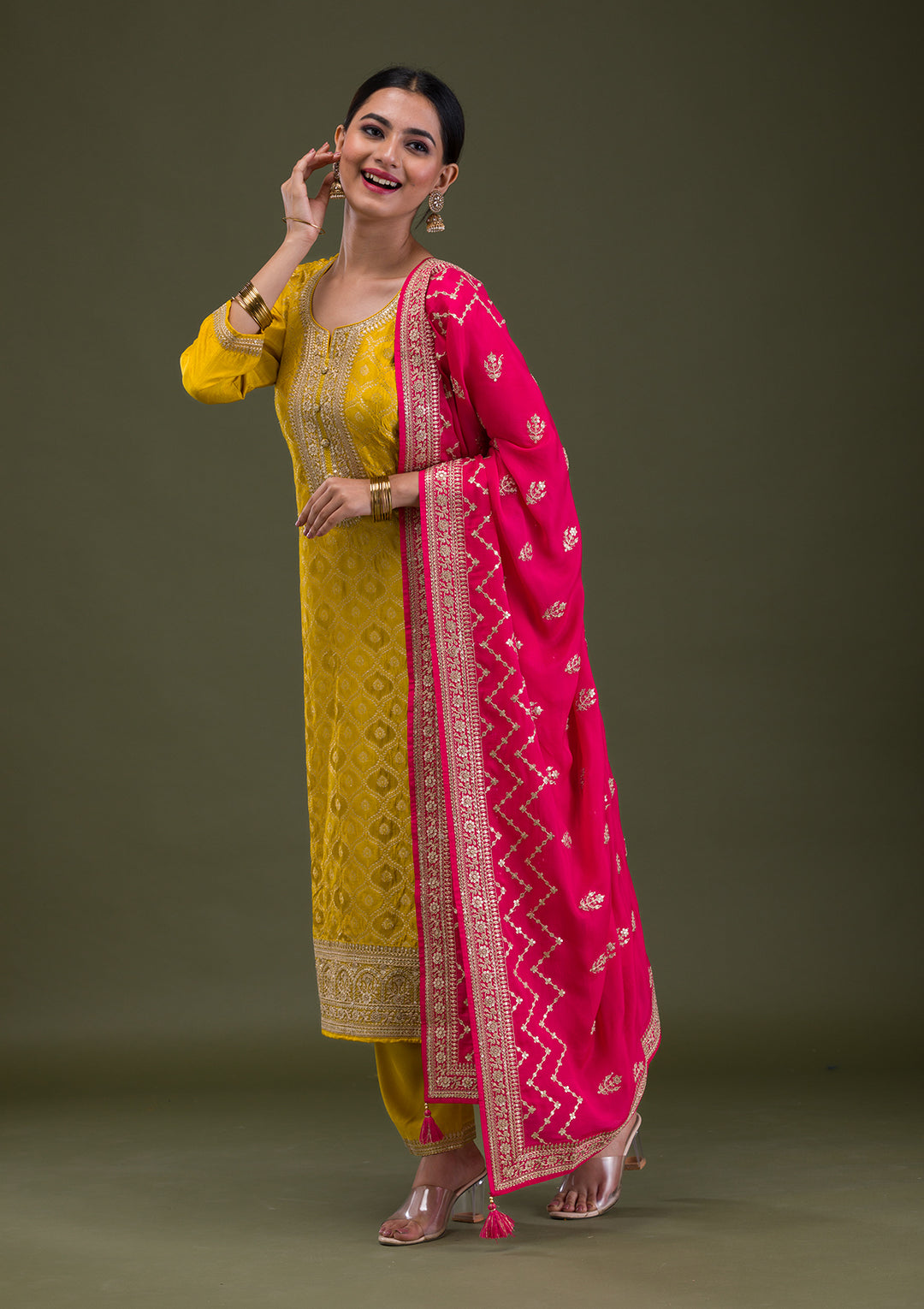 Mustard Zariwork Crepe Readymade Salwar Suit