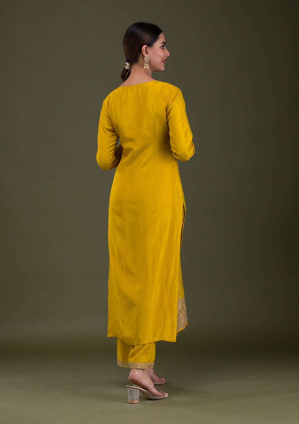Mustard Zariwork Crepe Readymade Salwar Suit
