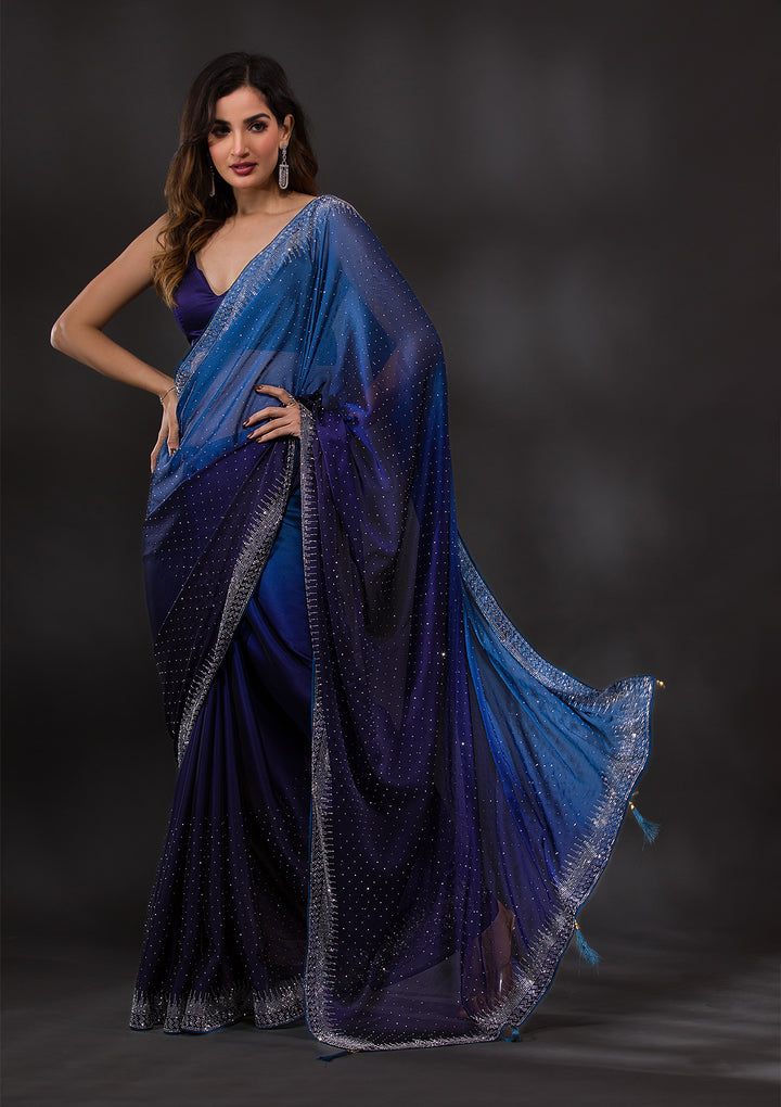 Ombre Navy Blue Stonework Satin Designer Saree