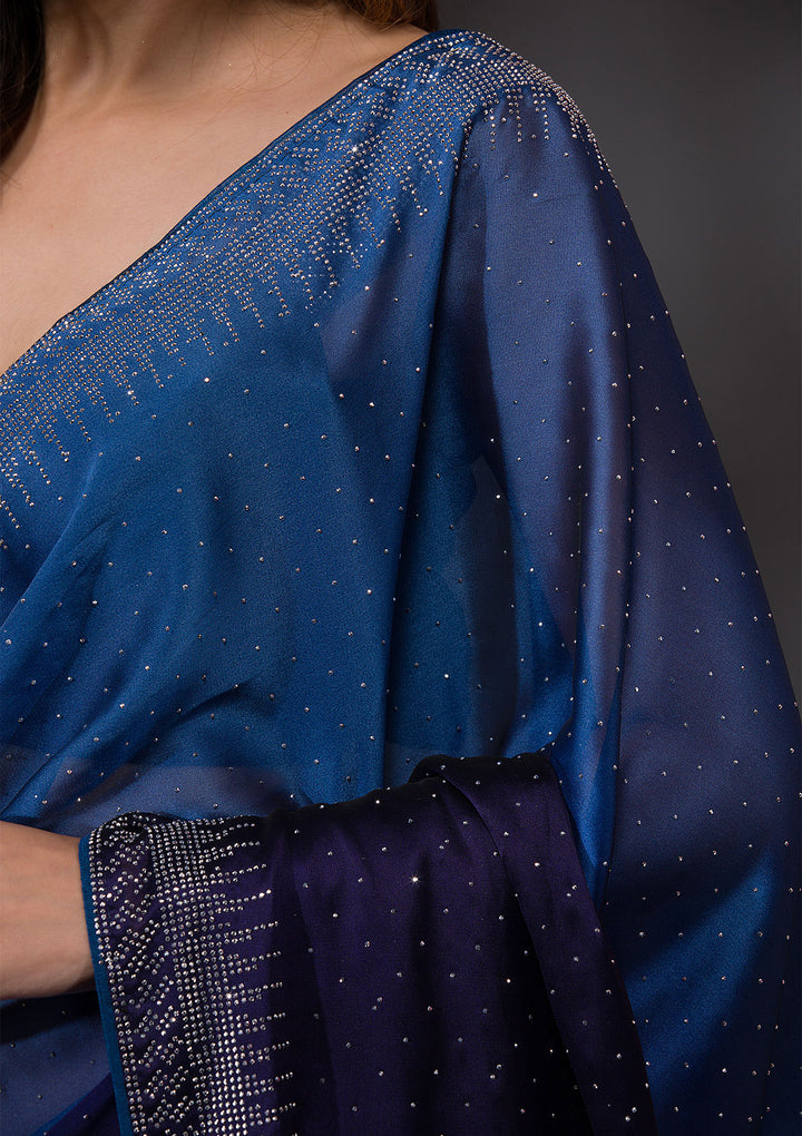 Ombre Navy Blue Stonework Satin Designer Saree