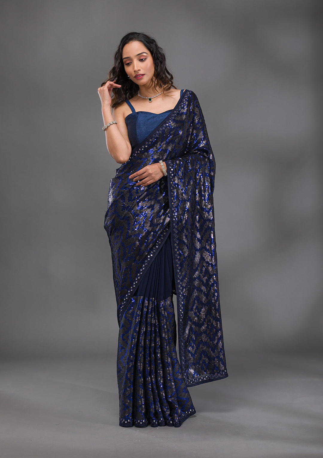 Navy Blue Sequins Georgette Saree