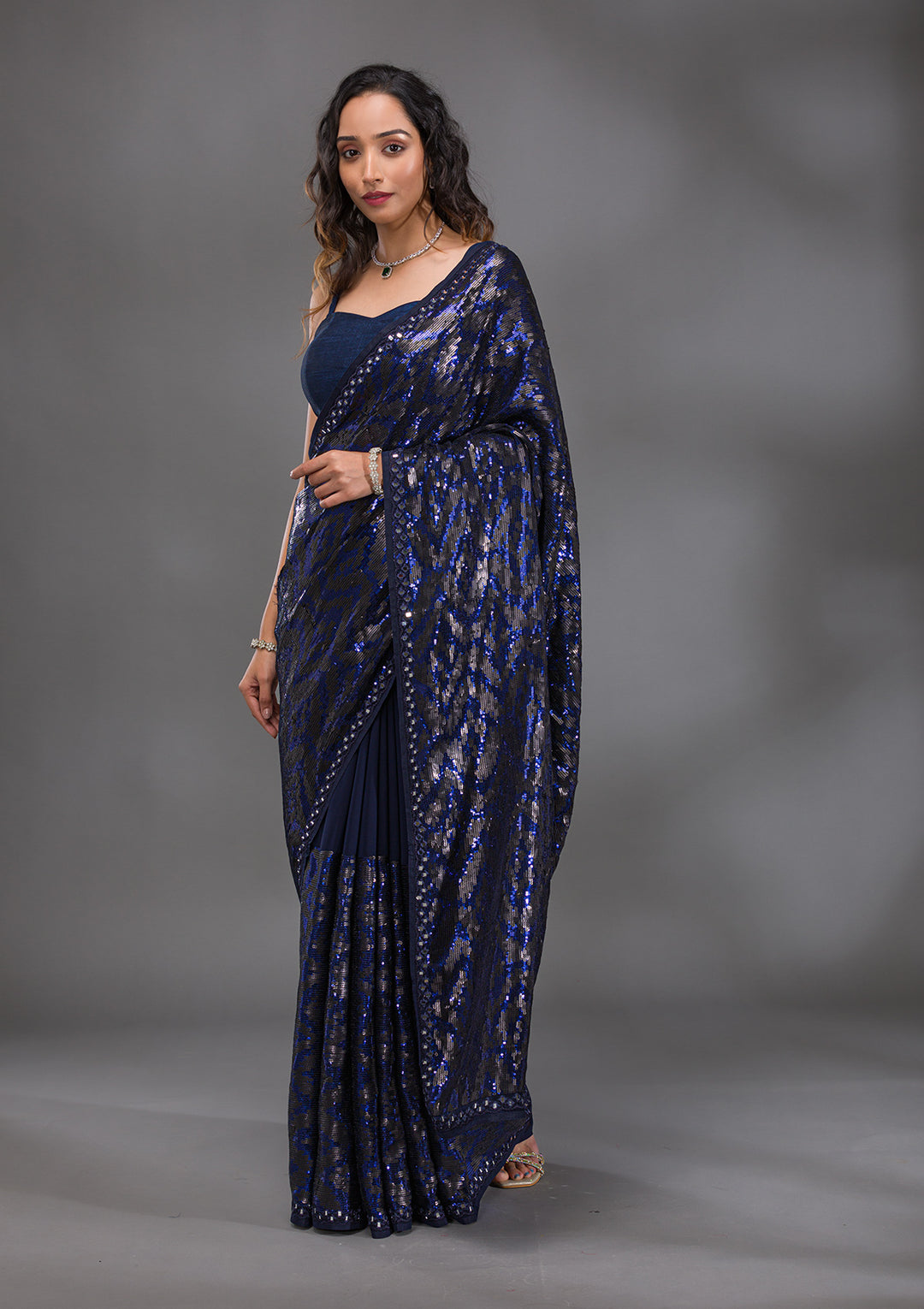 Navy Blue Sequins Georgette Saree