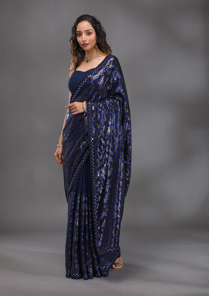 Navy Blue Sequins Georgette Saree