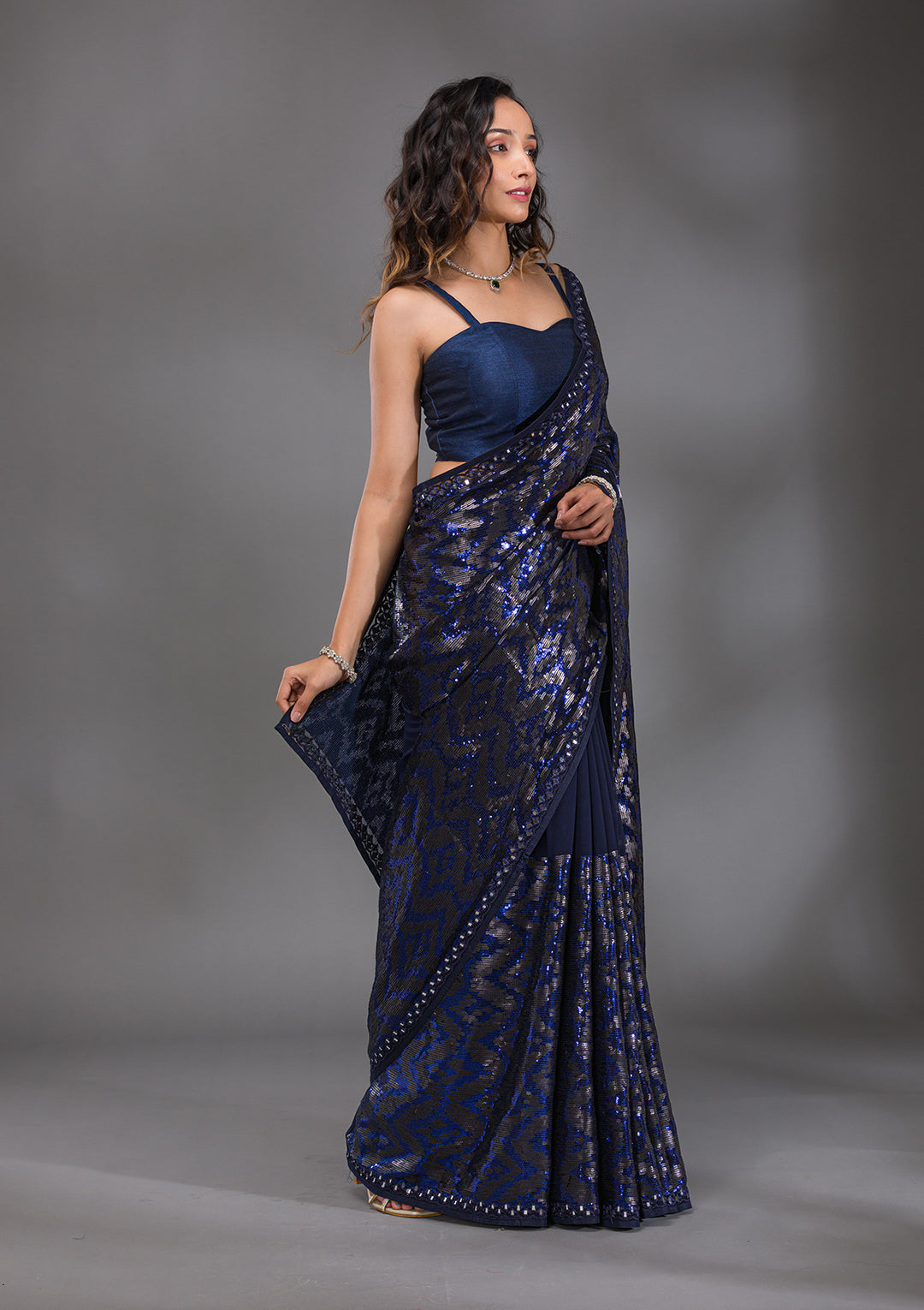 Navy Blue Sequins Georgette Saree