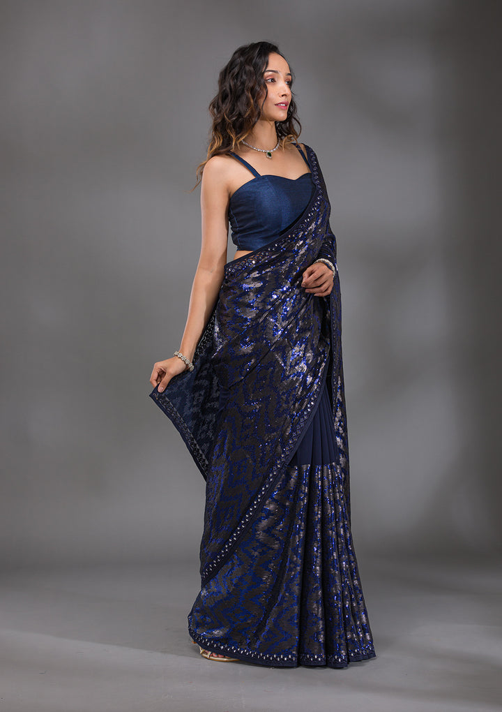 Navy Blue Sequins Georgette Saree