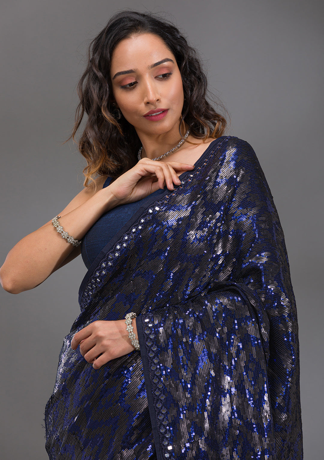 Navy Blue Sequins Georgette Saree