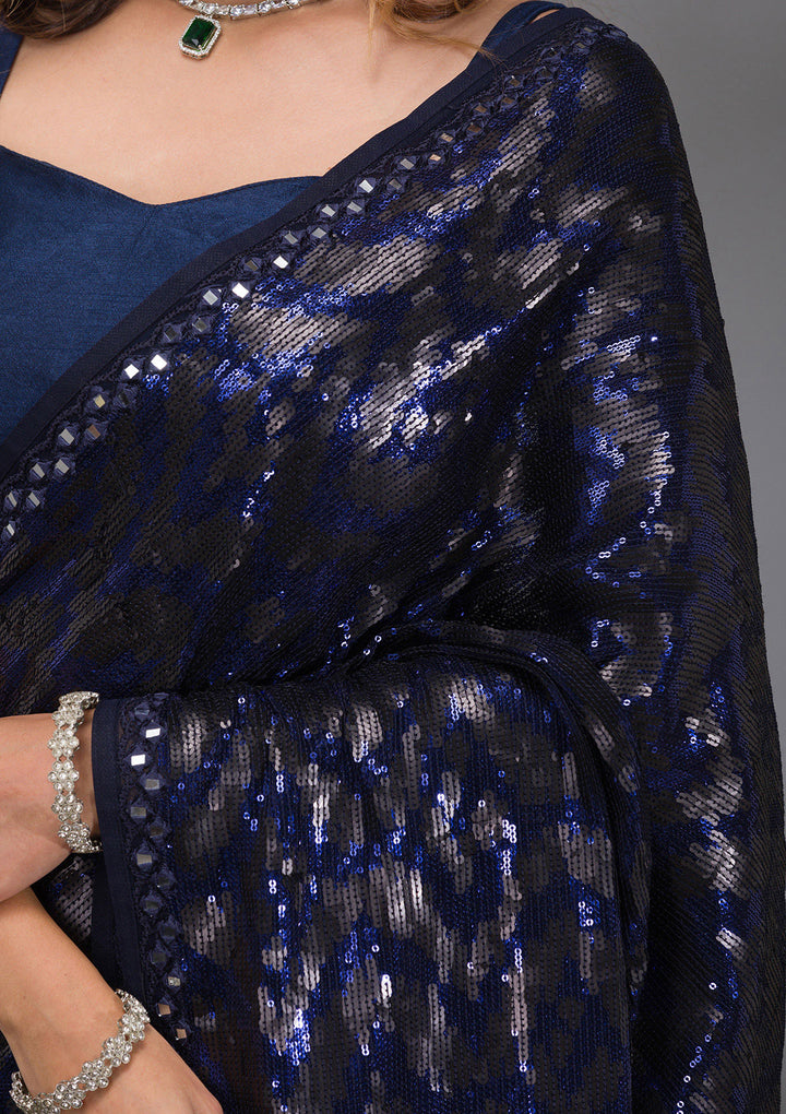 Navy Blue Sequins Georgette Saree