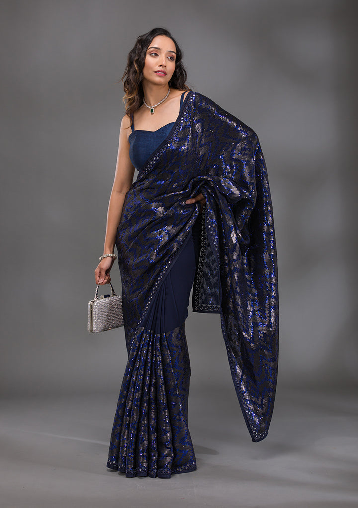 Navy Blue Sequins Georgette Saree