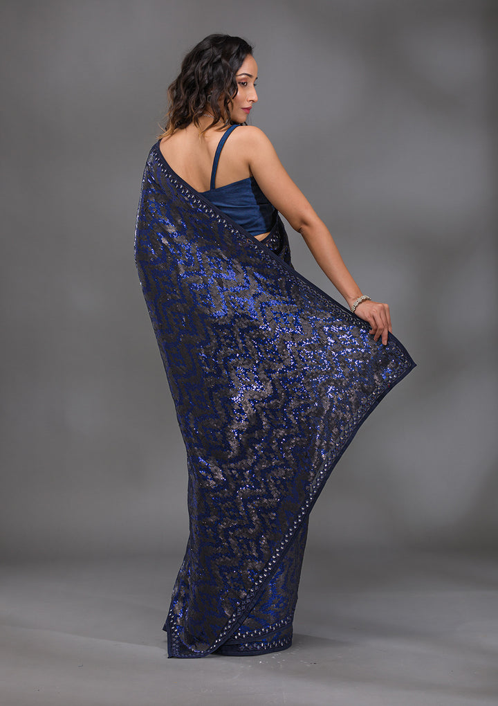 Navy Blue Sequins Georgette Saree