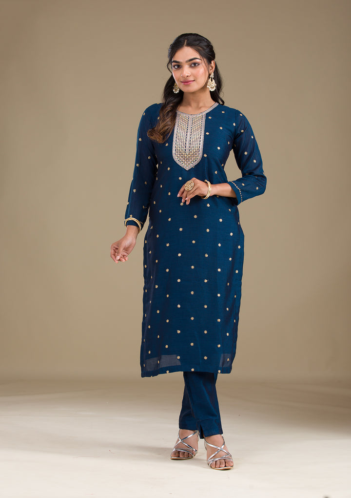 Navy Blue Zariwork Art Silk Readymade Salwar Suit