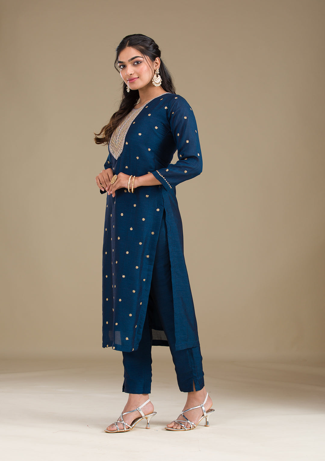 Navy Blue Zariwork Art Silk Readymade Salwar Suit
