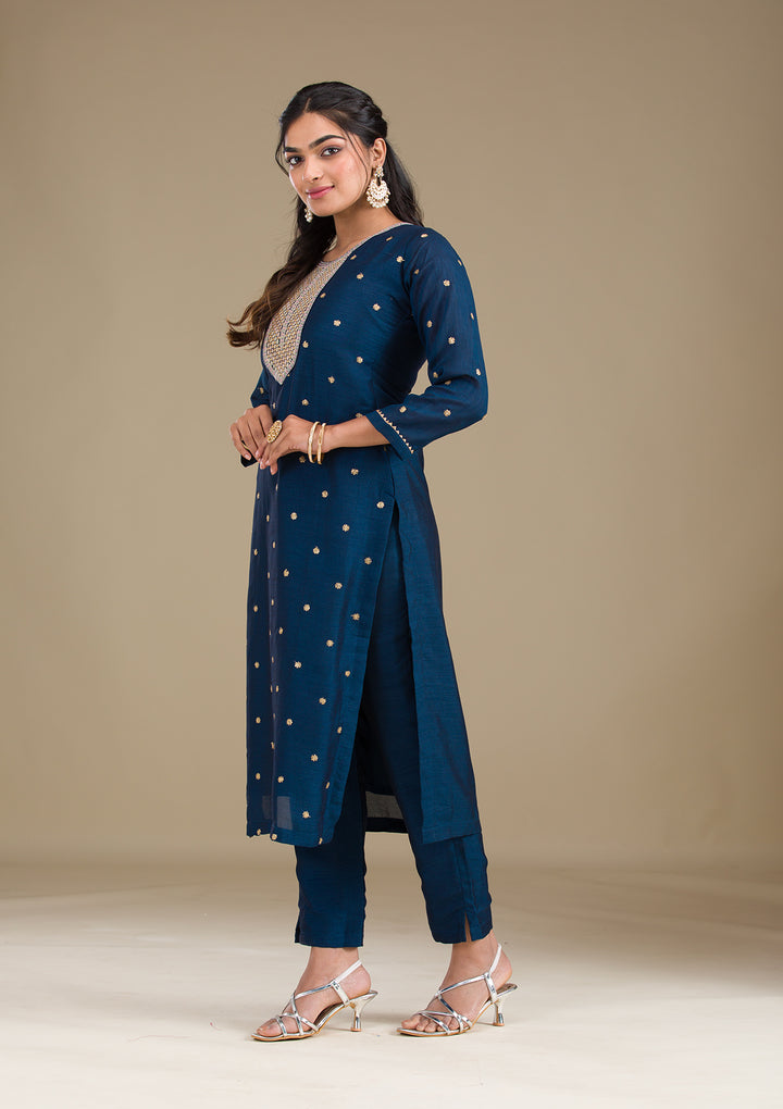 Navy Blue Zariwork Art Silk Readymade Salwar Suit