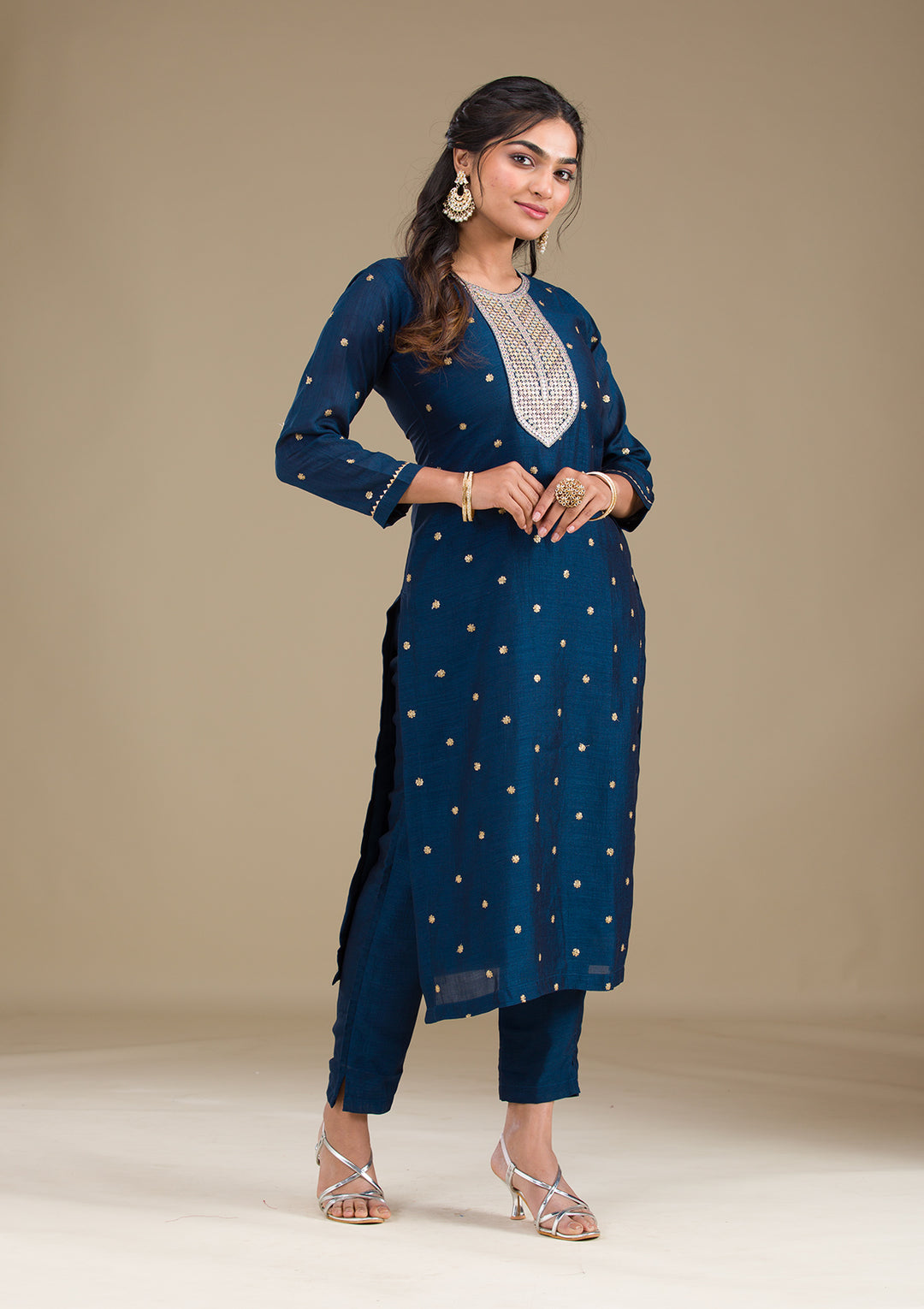 Navy Blue Zariwork Art Silk Readymade Salwar Suit
