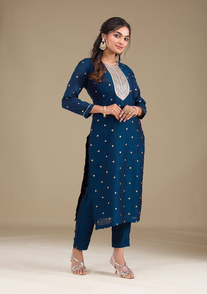 Navy Blue Zariwork Art Silk Readymade Salwar Suit