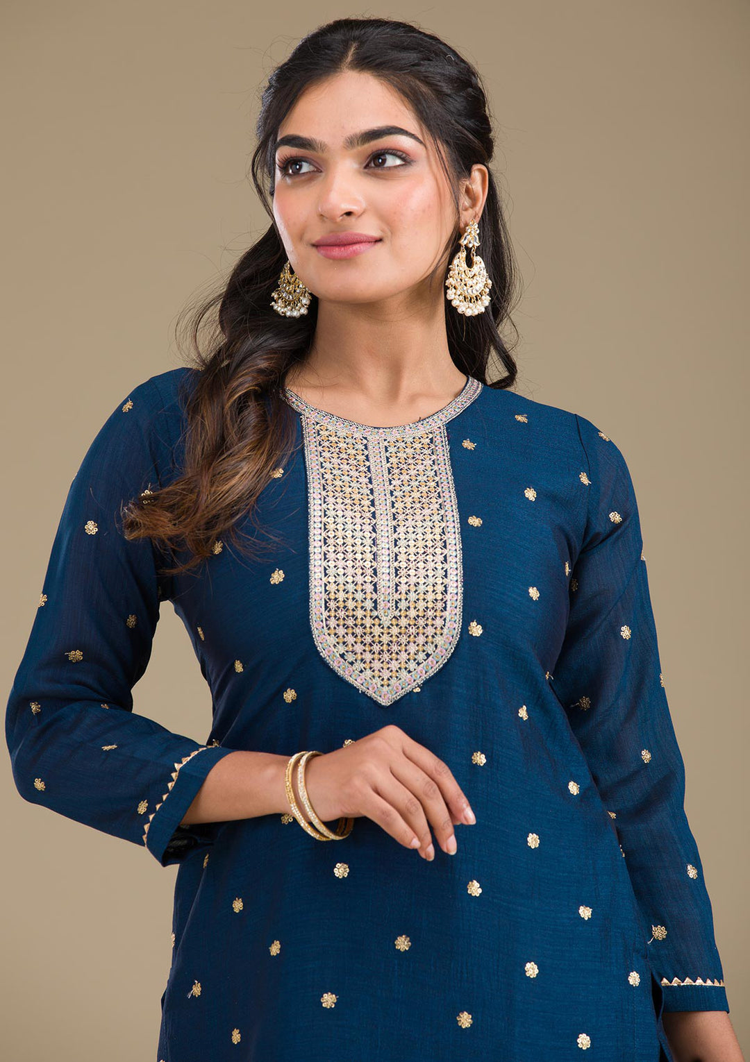 Navy Blue Zariwork Art Silk Readymade Salwar Suit