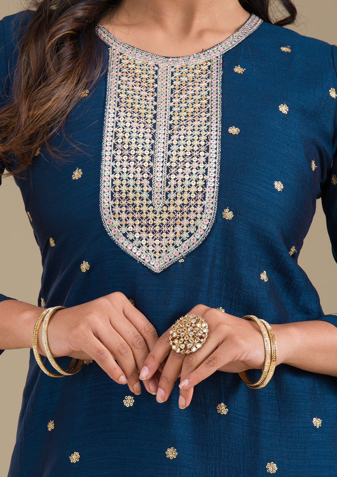 Navy Blue Zariwork Art Silk Readymade Salwar Suit