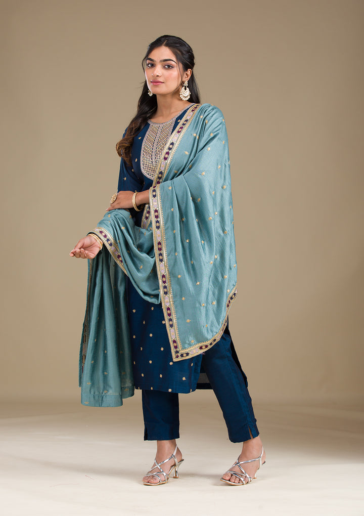 Navy Blue Zariwork Art Silk Readymade Salwar Suit