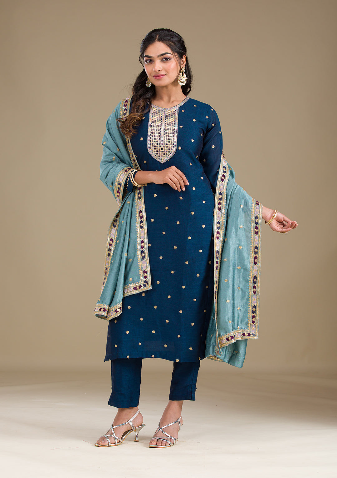 Navy Blue Zariwork Art Silk Readymade Salwar Suit