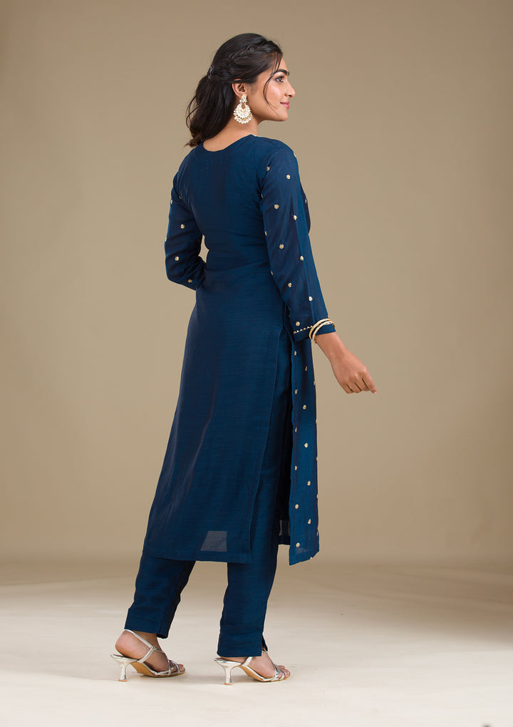 Navy Blue Zariwork Art Silk Readymade Salwar Suit