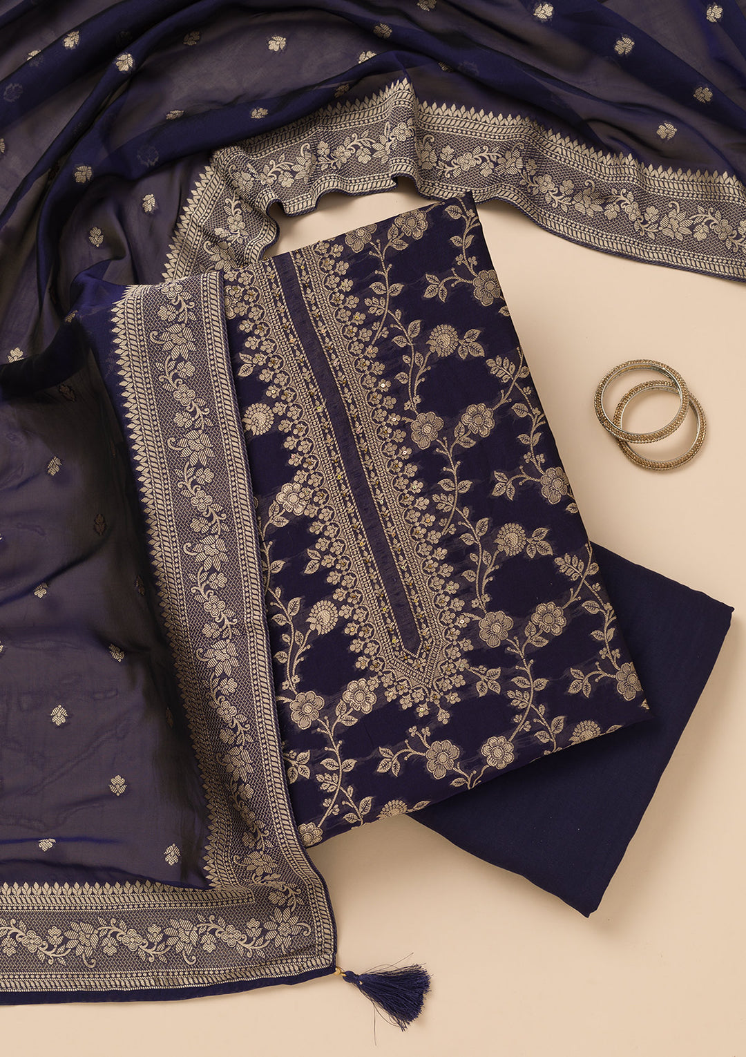 Navy Blue Zariwork Satin Unstitched Salwar Suit