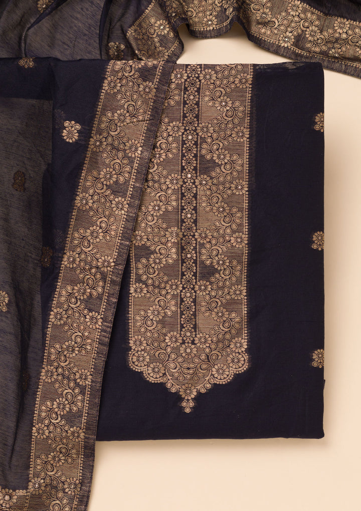 Navy Blue Zariwork Soft Silk Unstitched Salwar Suit