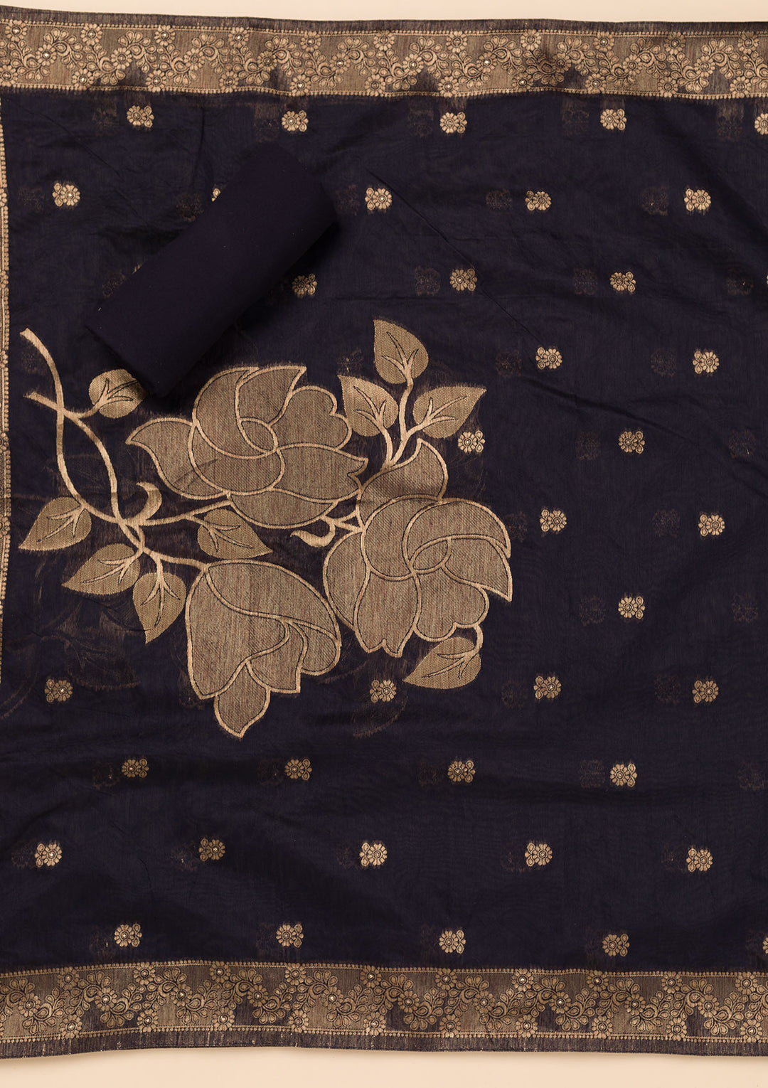 Navy Blue Zariwork Soft Silk Unstitched Salwar Suit