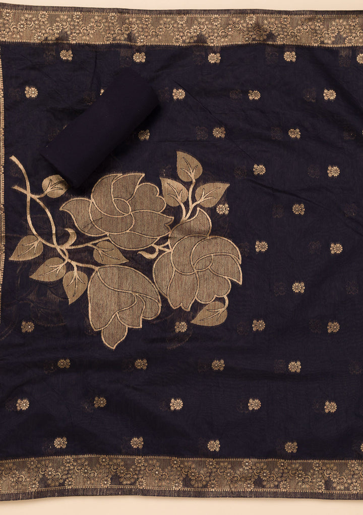 Navy Blue Zariwork Soft Silk Unstitched Salwar Suit