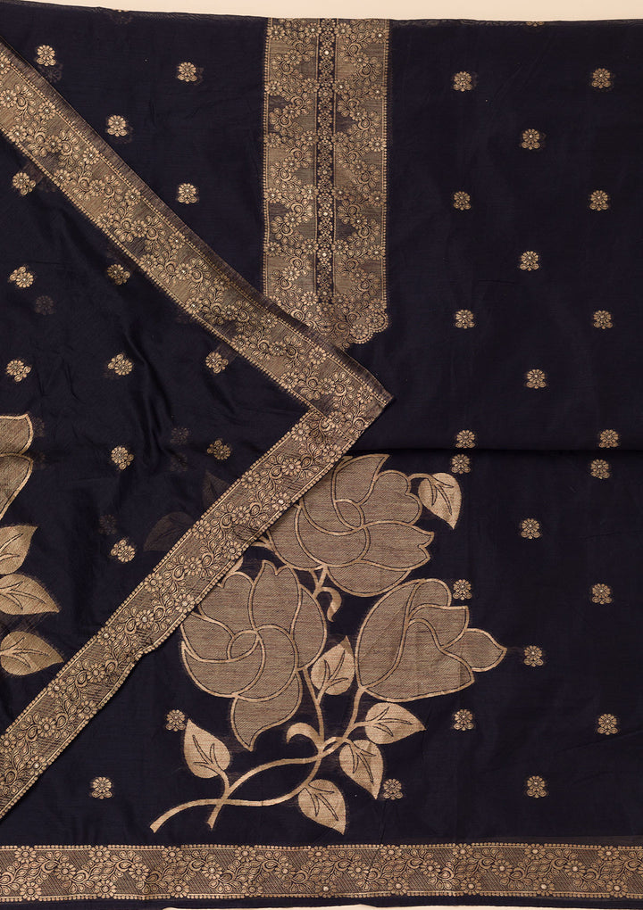 Navy Blue Zariwork Soft Silk Unstitched Salwar Suit