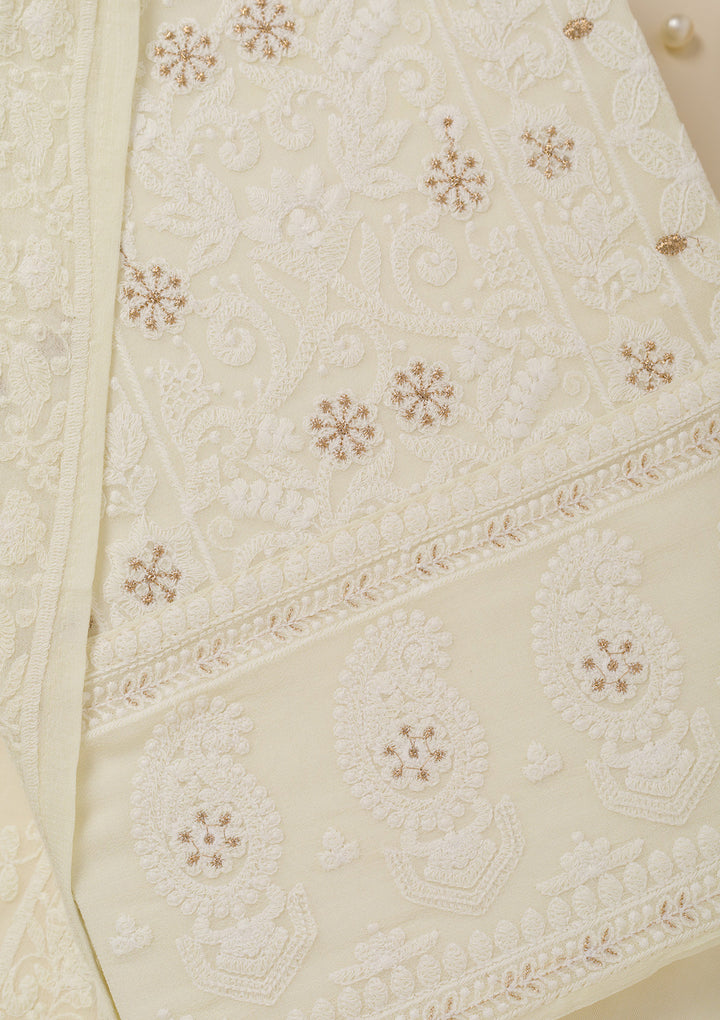 Off White Threadwork Georgette Unstitched Salwar Suit