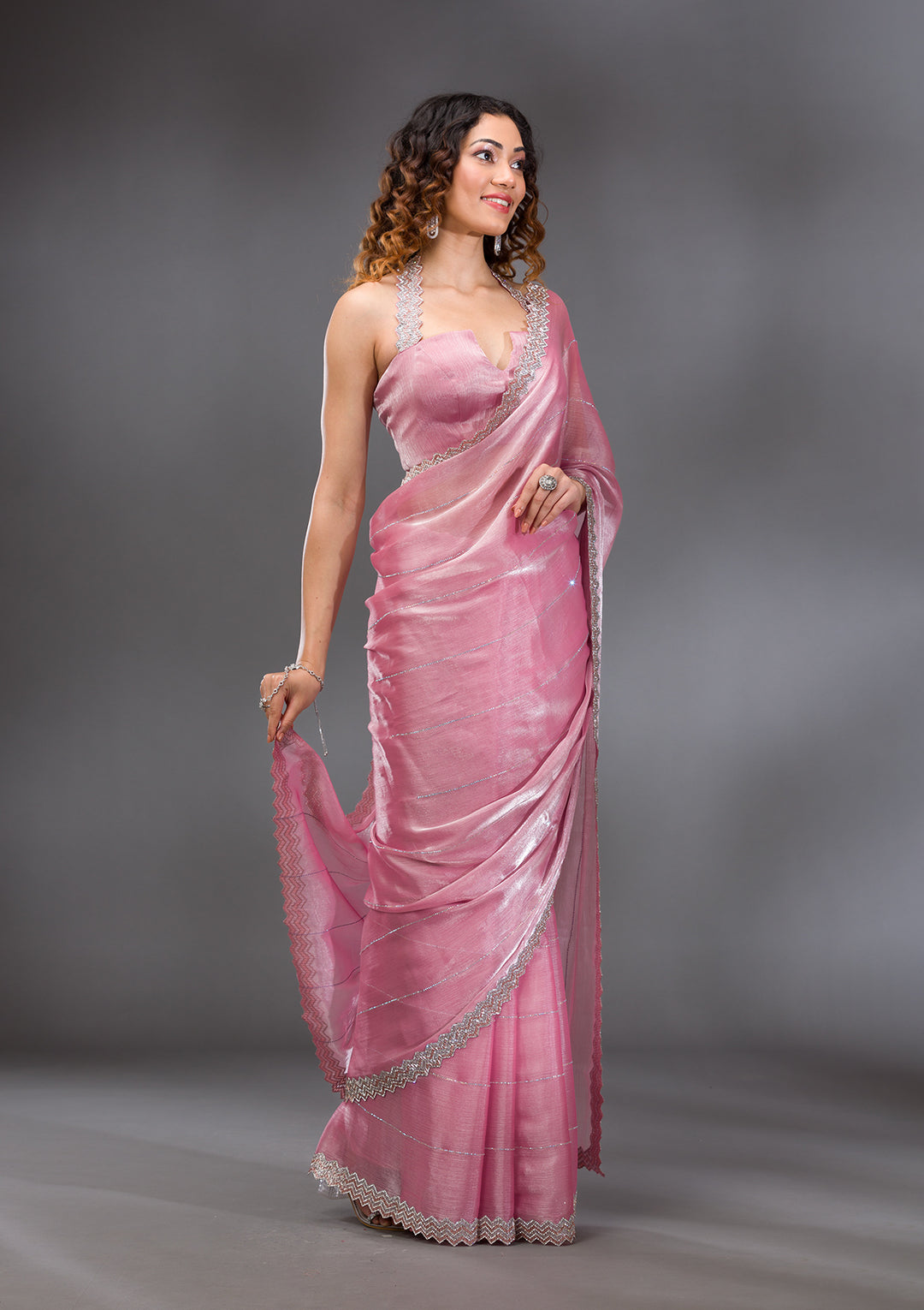 Onion Pink Silver Stonework Satin Saree