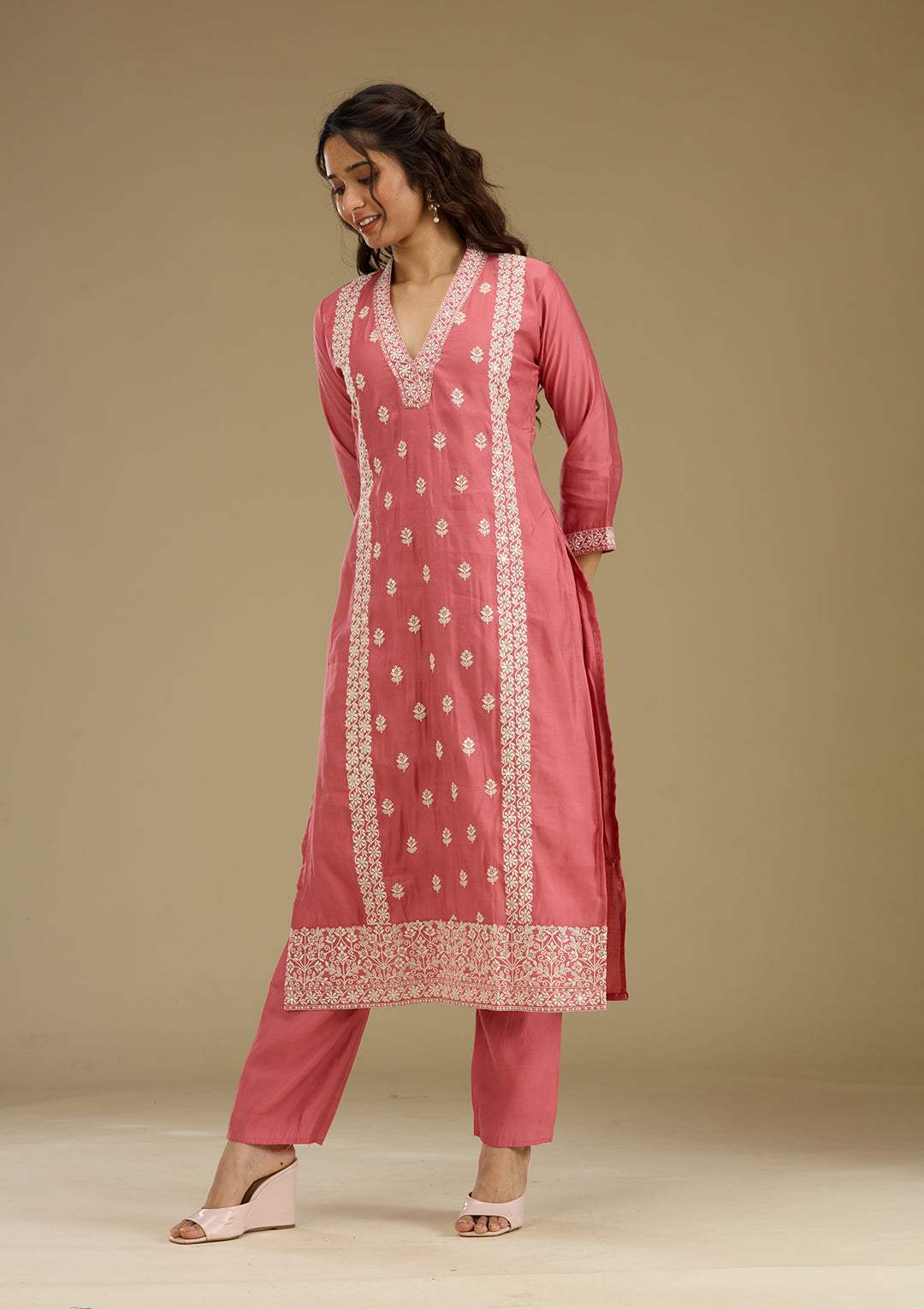 Onion Pink Threadwork Semi Crepe Readymade Salwar Suit