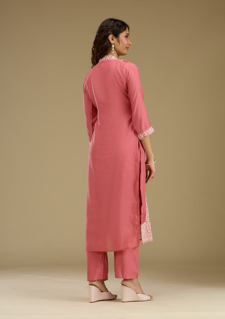 Onion Pink Threadwork Semi Crepe Readymade Salwar Suit