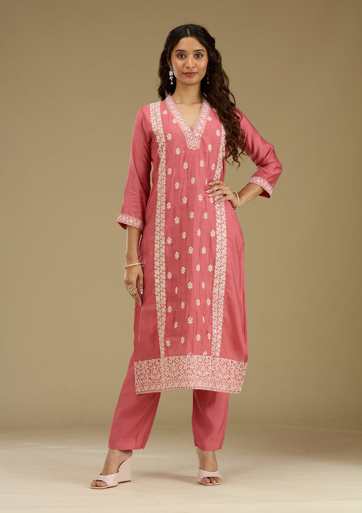 Onion Pink Threadwork Semi Crepe Readymade Salwar Suit