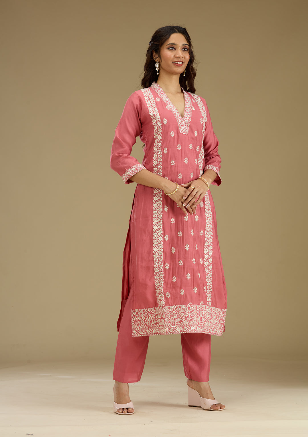 Onion Pink Threadwork Semi Crepe Readymade Salwar Suit