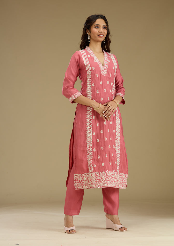 Onion Pink Threadwork Semi Crepe Readymade Salwar Suit