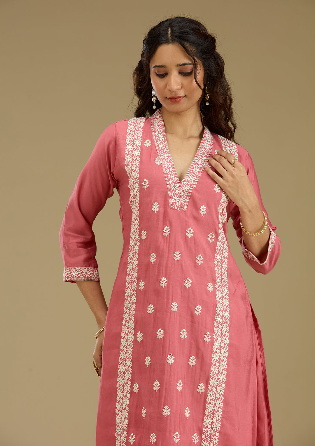 Onion Pink Threadwork Semi Crepe Readymade Salwar Suit