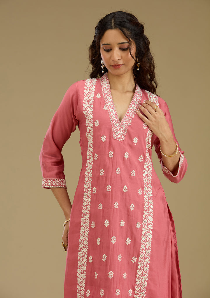 Onion Pink Threadwork Semi Crepe Readymade Salwar Suit